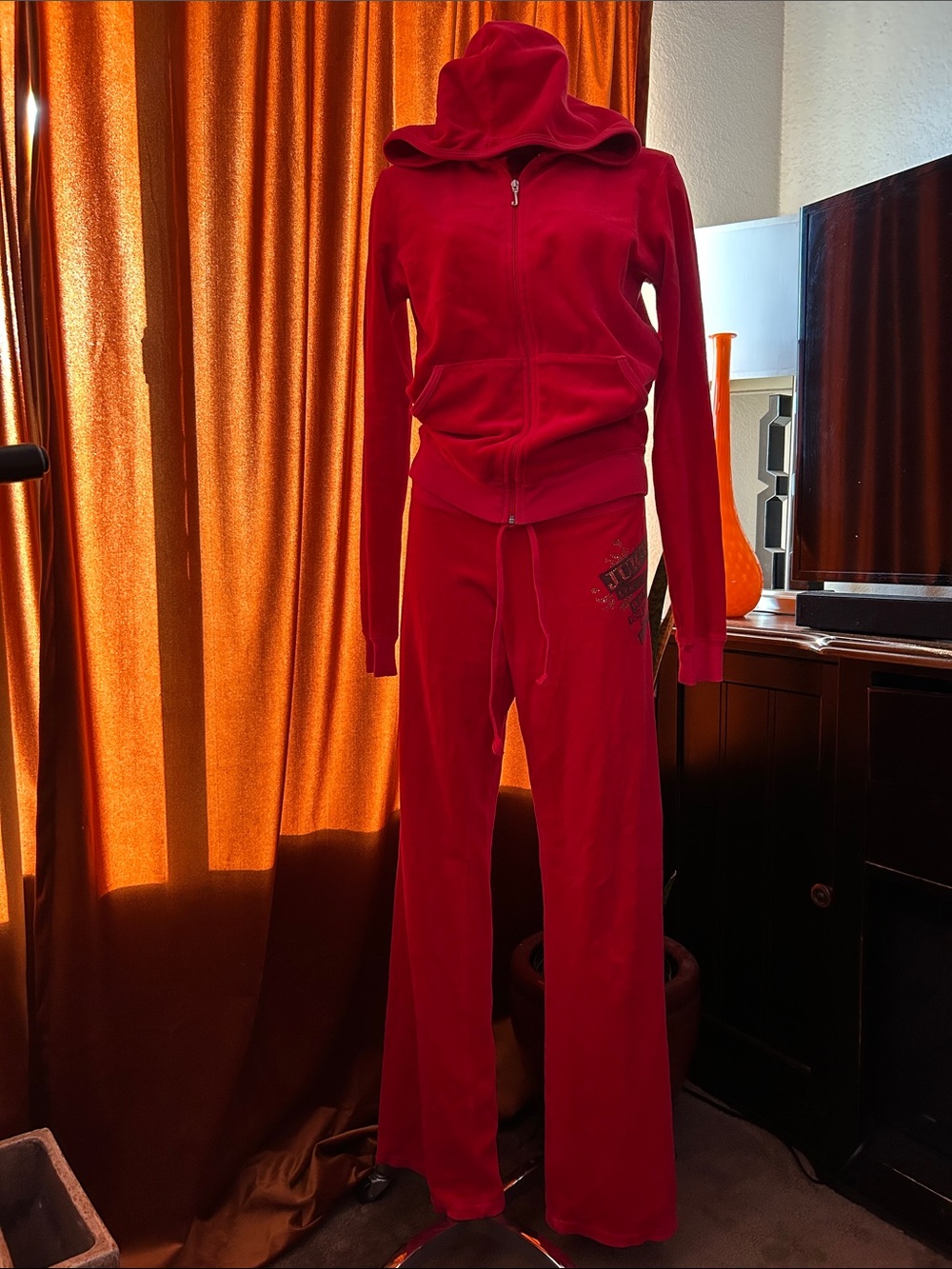 Juicy Couture Red Velour Track Pants & Zip Hoodie Set